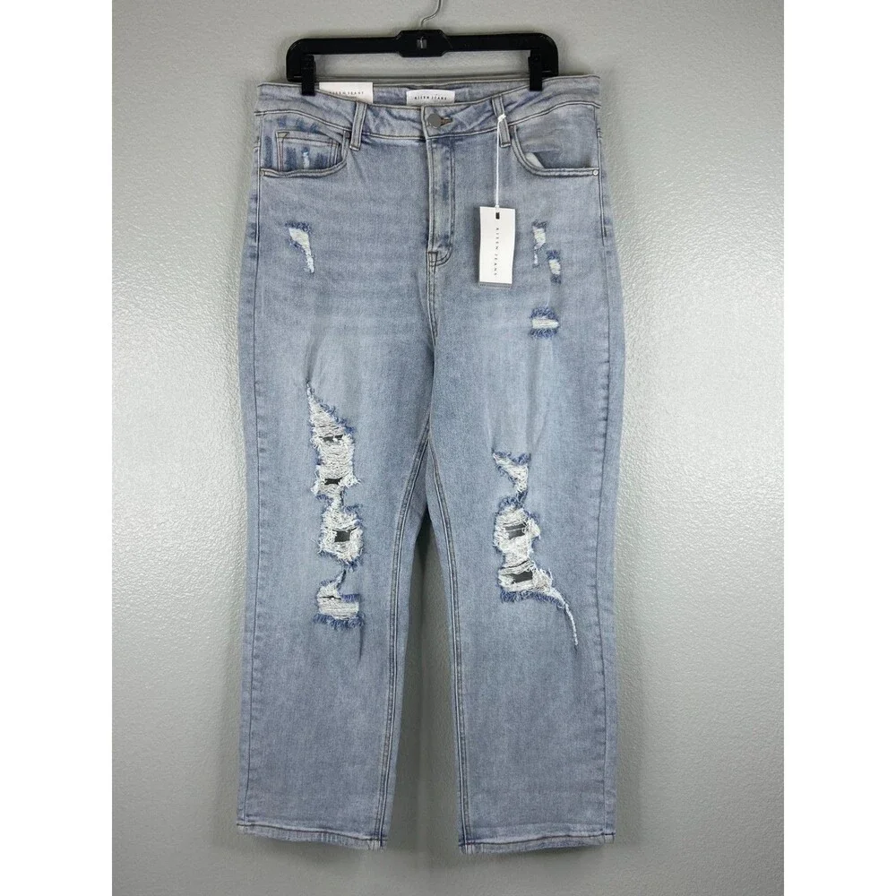 Risen Women 1XL Jeans Boyfriend Fit Straight Leg Distressed Light Wash NWT - Picture 1 of 16